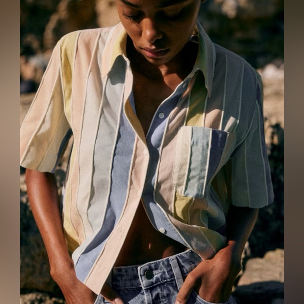 Sezane Pastel Multistripe Button-Down Shirt in Blue, Yellow, Cream